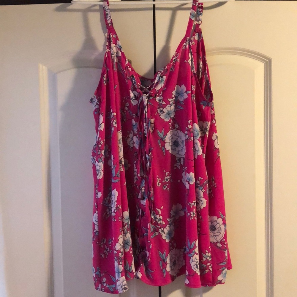Torrid Pink Floral Tank with lace up detail.